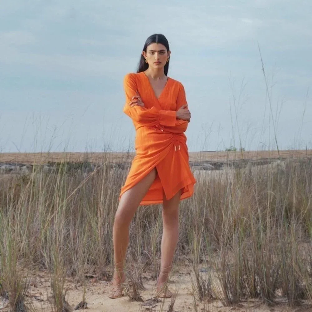 Magali Pascal Myrtle Wrap Mini Dress Neon Coral Gauze Resort Chic Size Small New - Picture 4 of 16